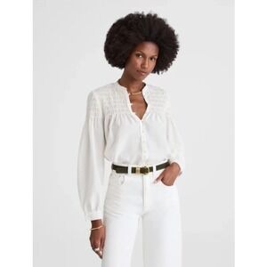 Madewell Smocked Button Front Top Women Medium Ivory Silk Cotton NW994